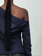 RARELY ALIKE Asymmetric Off Shoulder Sweatshirt in Navy Blue - On Model