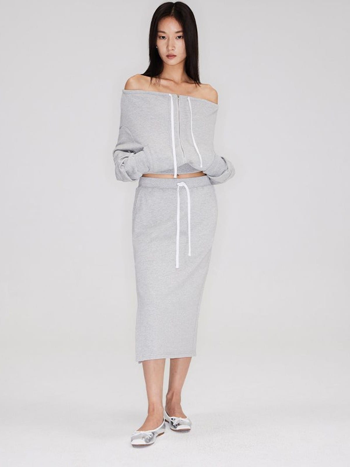 RARELY ALIKE Cotton Side Slit Midi Skirt in Gray - On Female Model