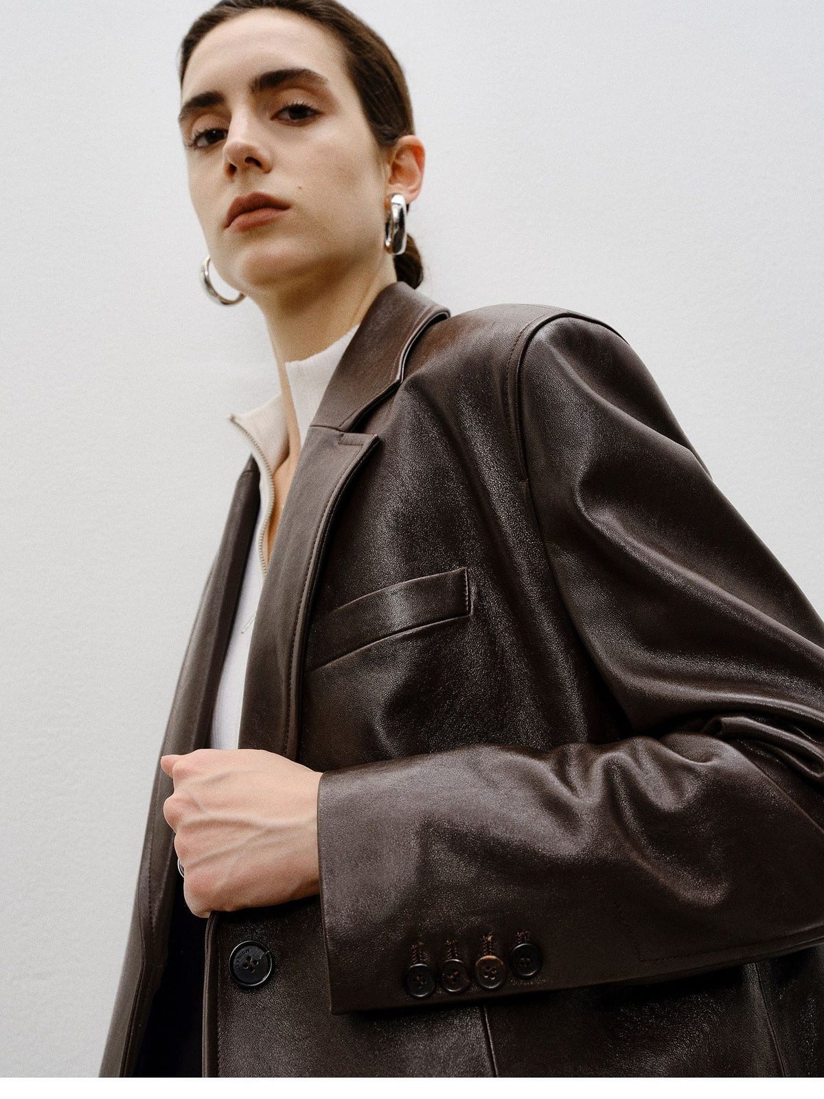 MSBEAST Vegetable Tanned Sheepskin Blazer in Brown - On Female Model