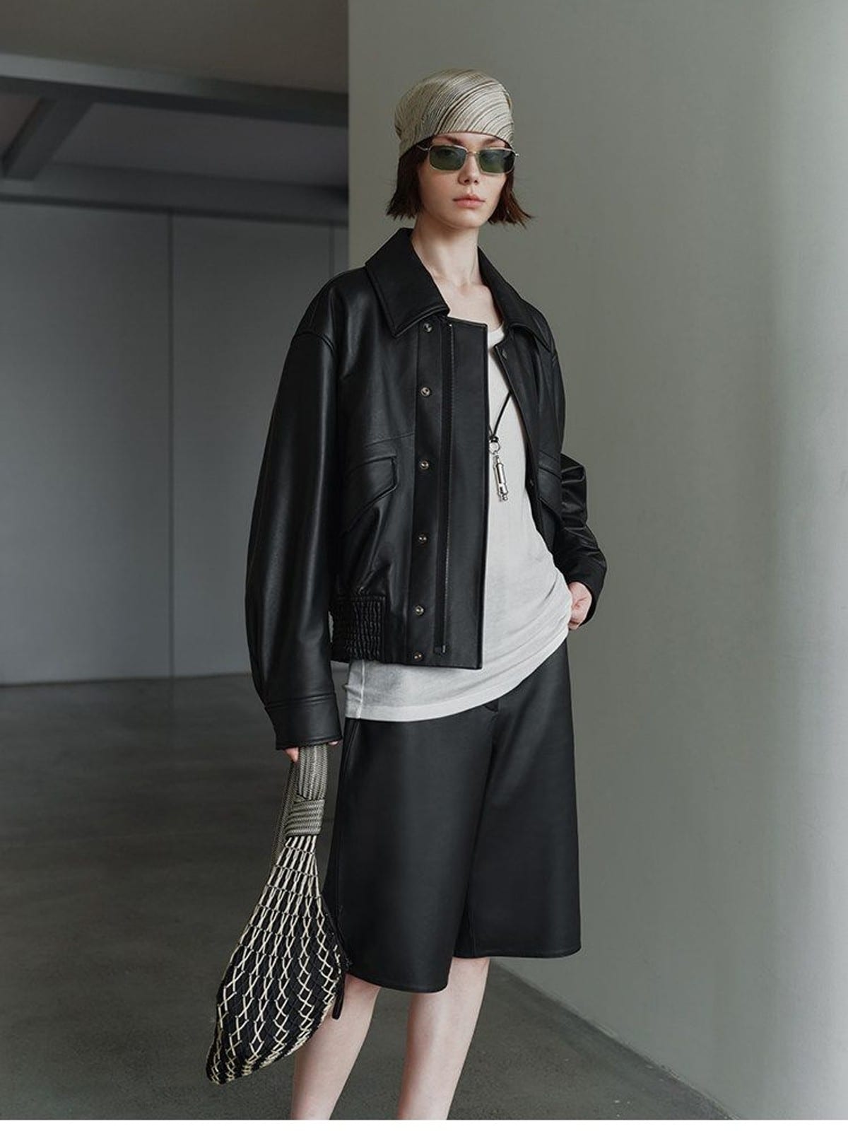 MSBEAST Cow Leather Flight Jacket in Black - On Female Model