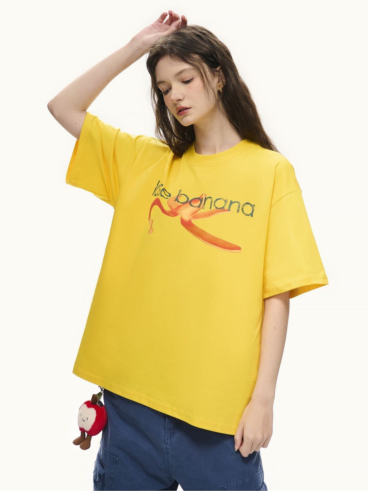 LOSTCTRL Distressed Banana Print Sorona T Shirt in Yellow - On Female Model