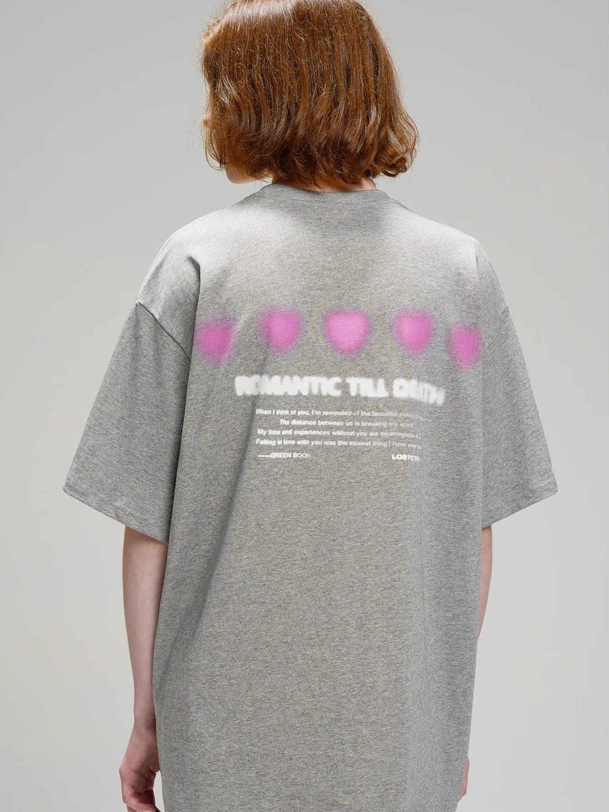 LOSTCTRL Blurred Heart Graphic Cotton T Shirt in Gray - On Model