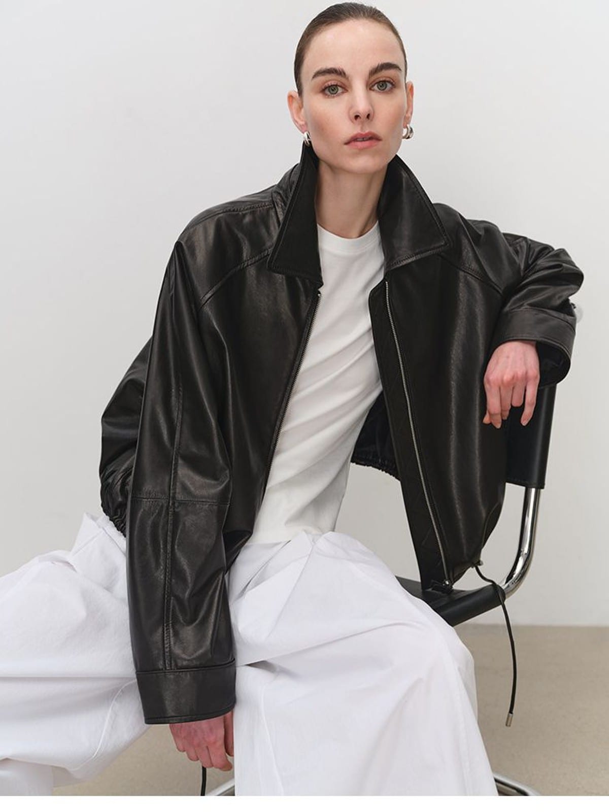 MSBEAST Cropped Leather Drawstring Jacket in Black - On Female Model