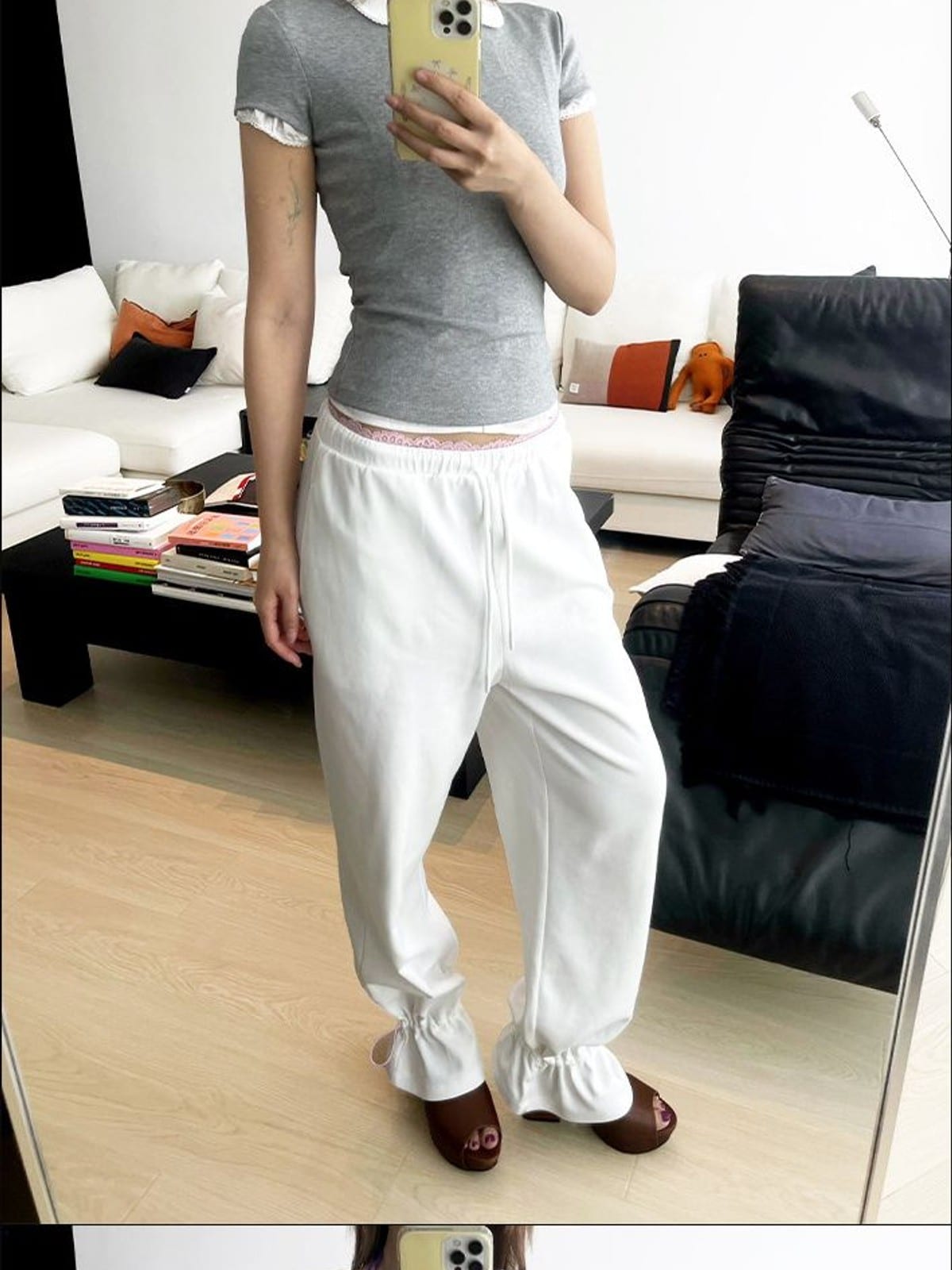 RARELY ALIKE Hourglass Cotton Crew Neck T Shirt in Gray - On Female Model