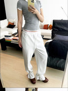RARELY ALIKE Hourglass Cotton Crew Neck T Shirt in Gray - On Female Model