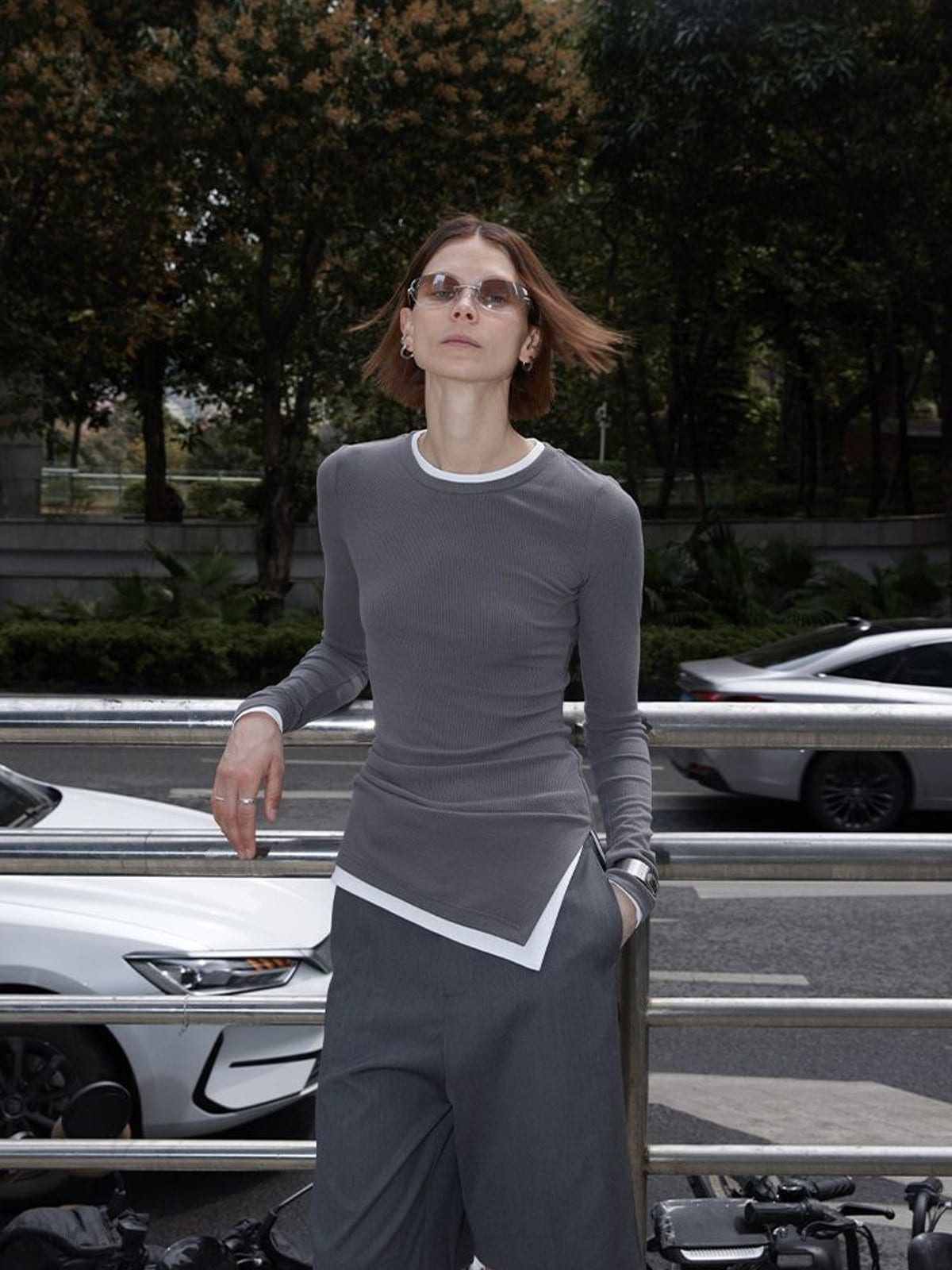 RARELY ALIKE Tailored Bermuda Shorts in Gray - On Female Model