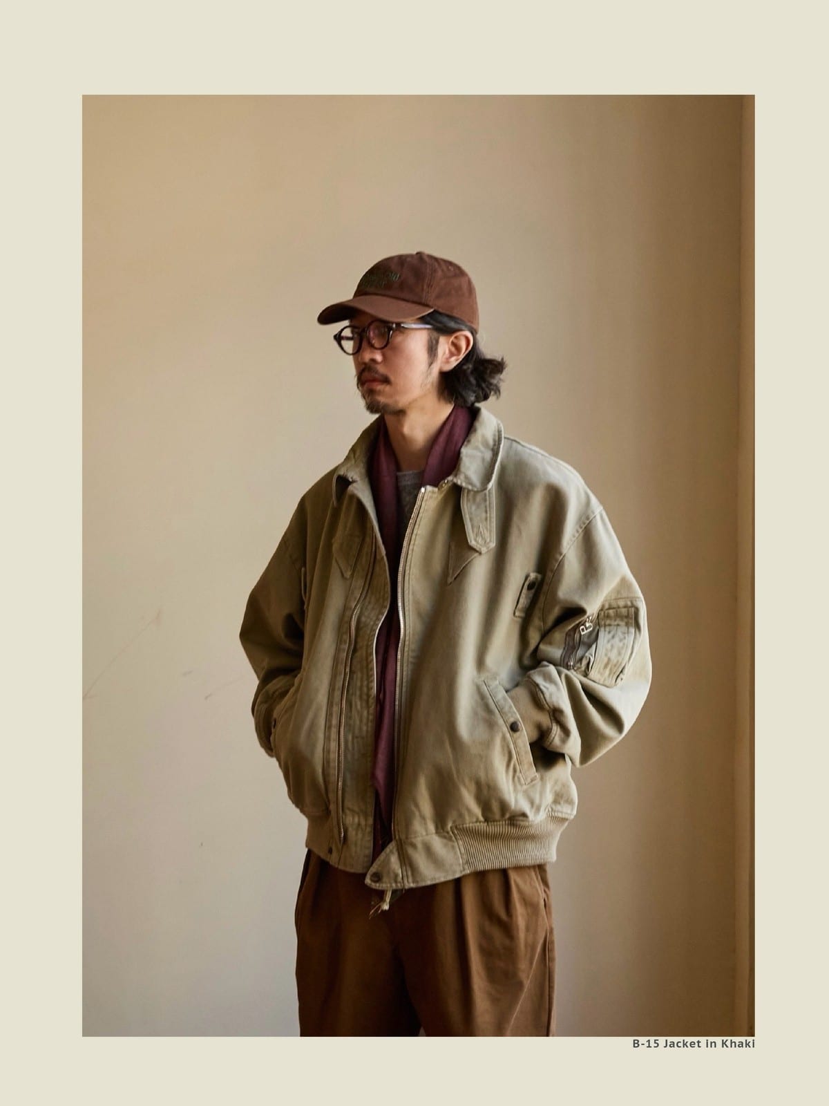 USAGE Washed Cotton Lyocell B 15 Bomber in Khaki - On Male Model