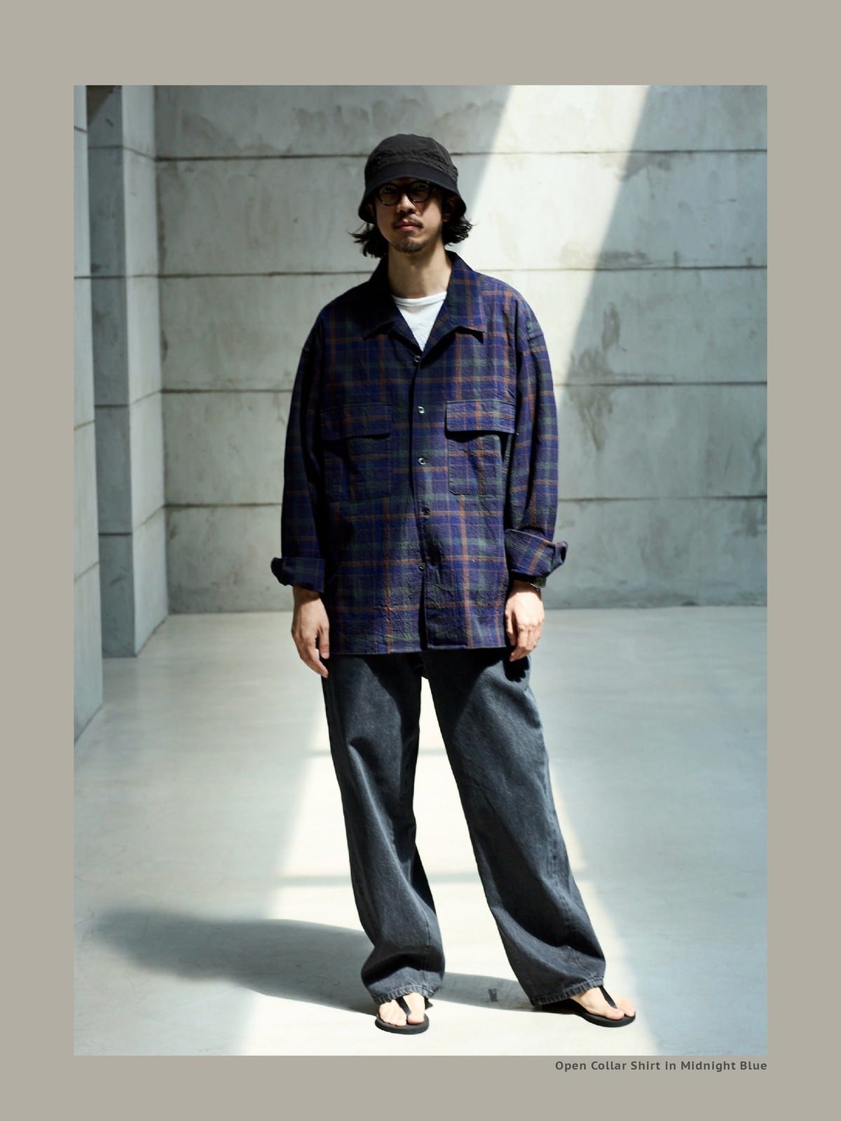 USAGE Washed Crinkle Plaid Open Collar Shirt in Navy Blue - On Male Model