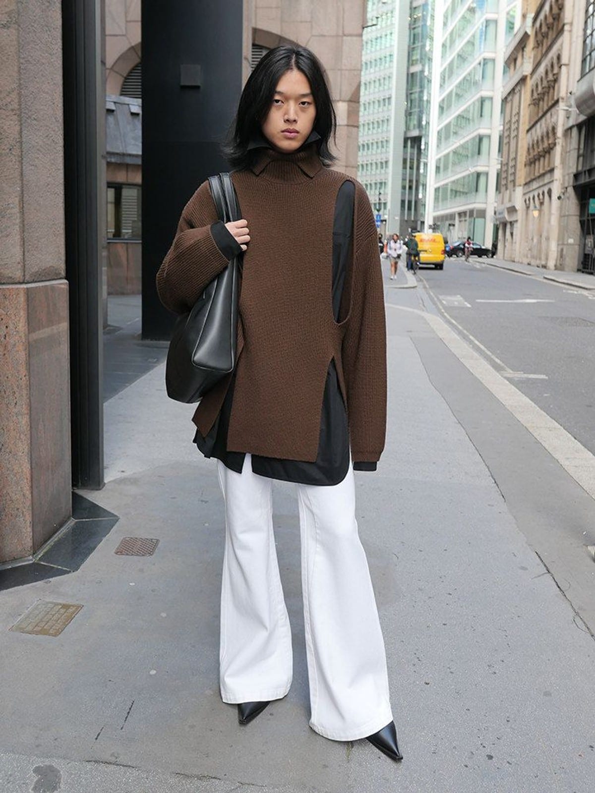 RARELY ALIKE Curved Seam Denim Flare Jeans in White - On Model