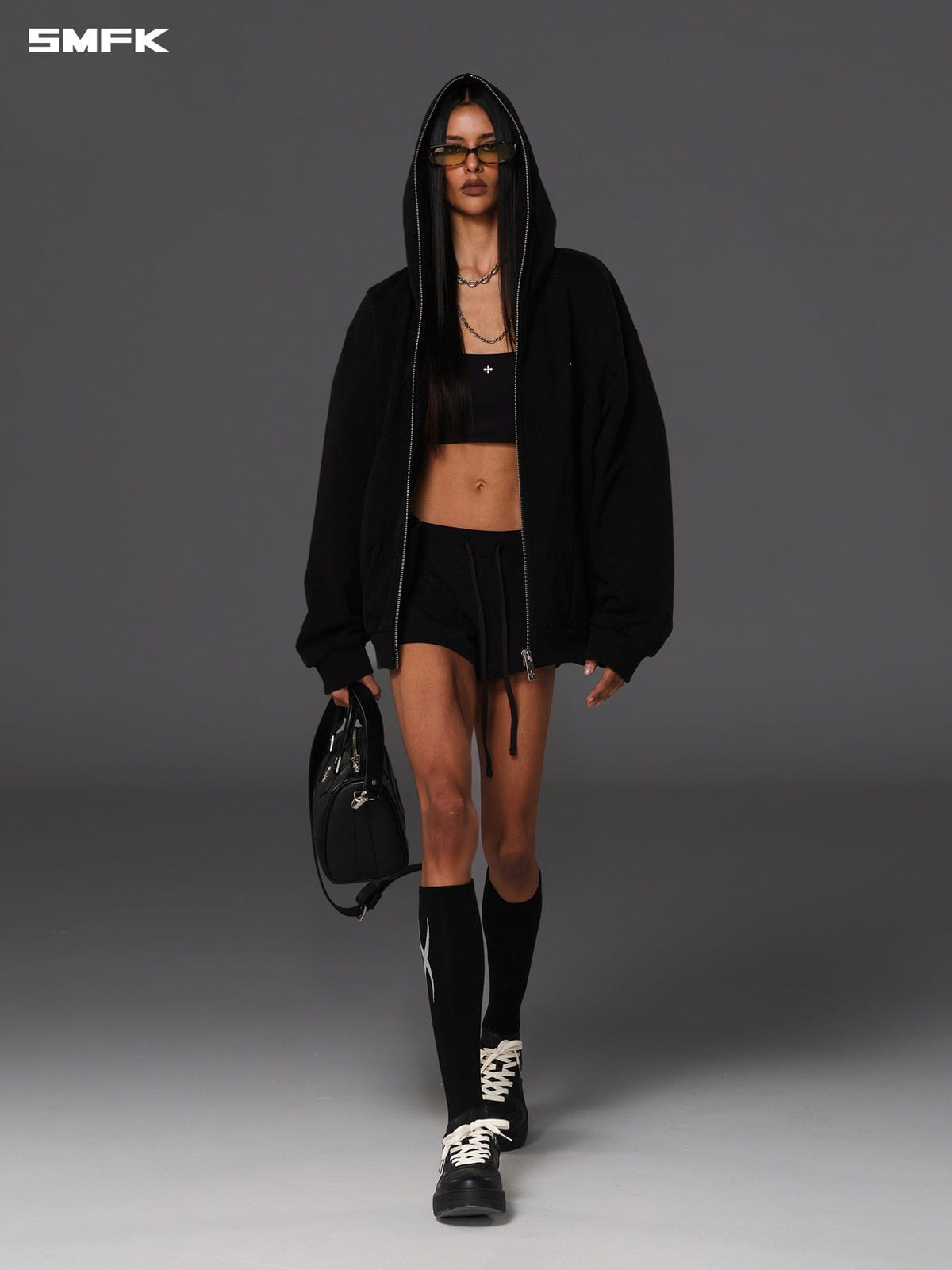 SMFK Oversized Cotton Wool Zip Up Hoodie in Black - On Female Model