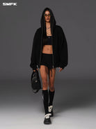 SMFK Oversized Cotton Wool Zip Up Hoodie in Black - On Female Model