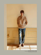 USAGE Terry Cotton Henley Sweatshirt in Beige - On Male Model