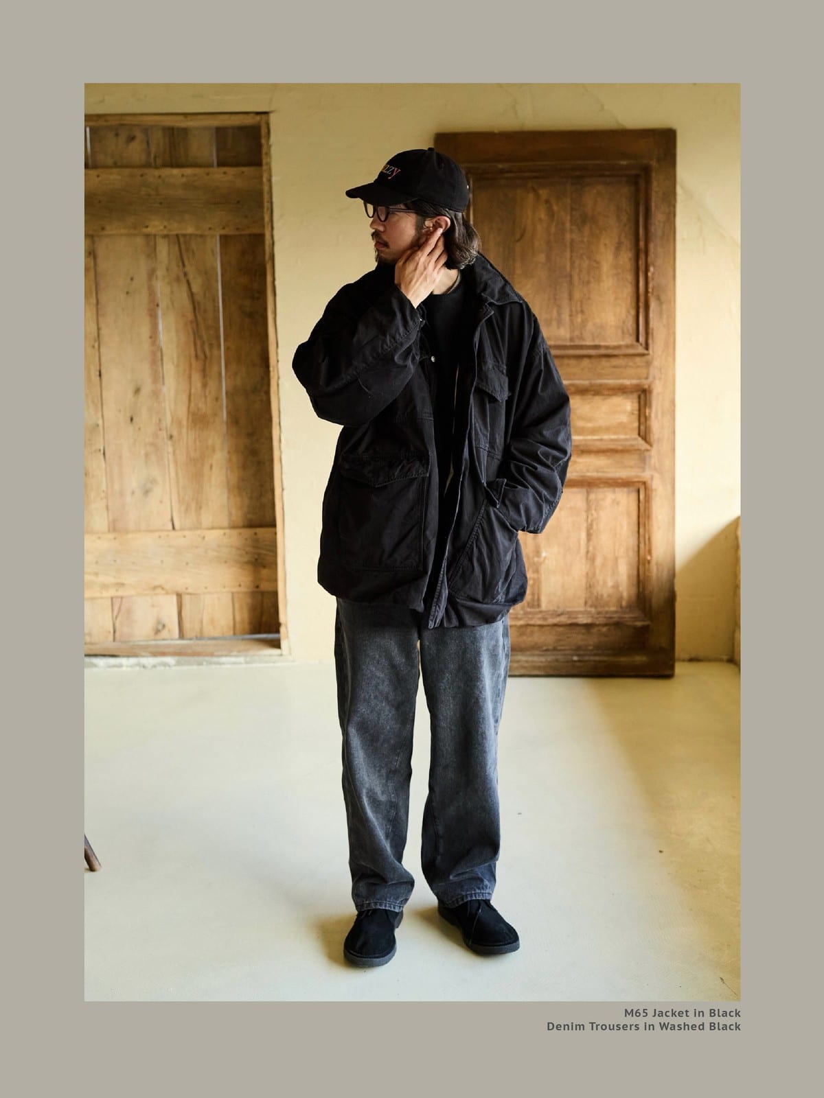 USAGE Washed Cotton Twill M65 Jacket in Black - On Male Model