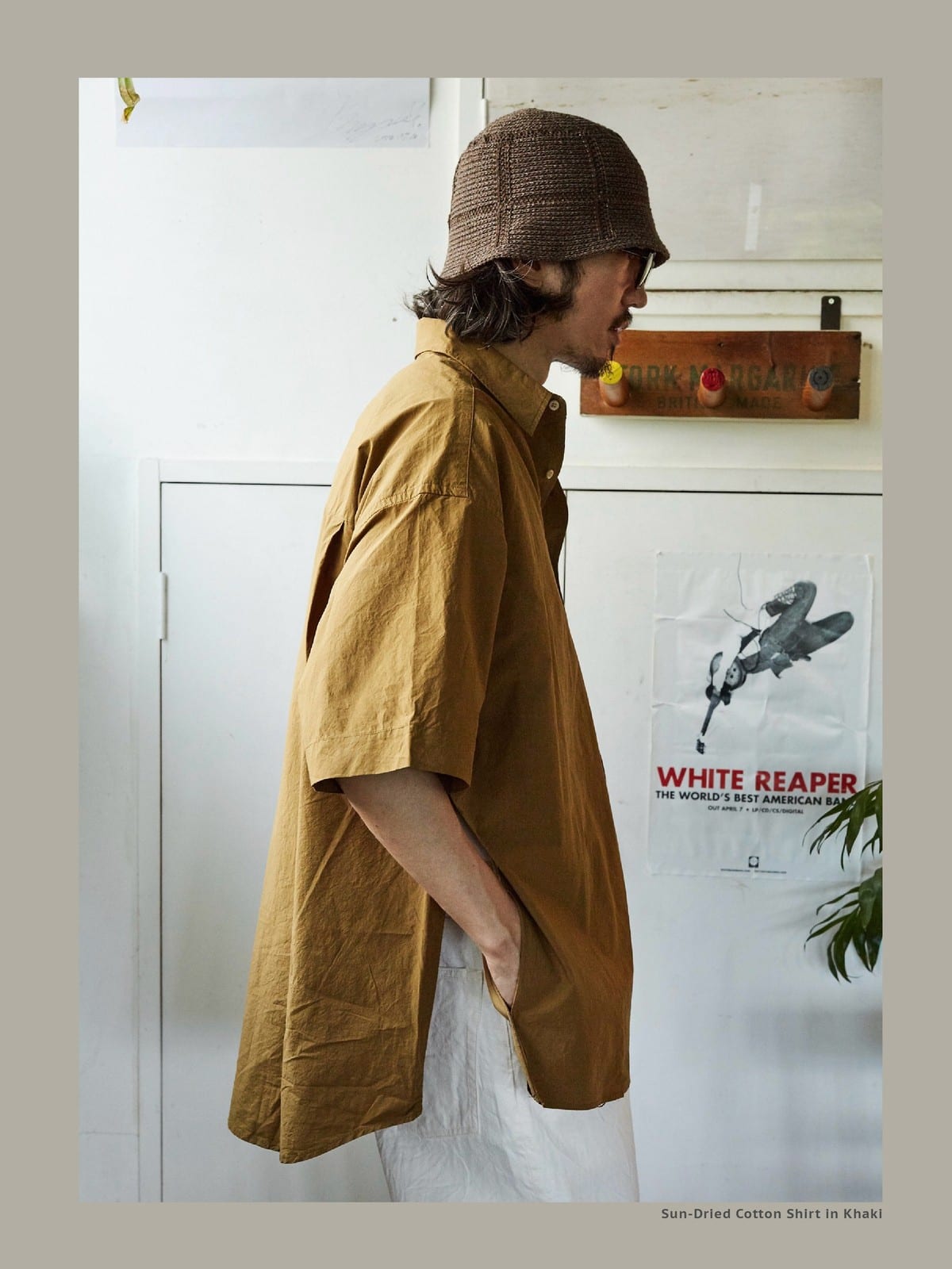 USAGE Cotton Crinkle Short Sleeve Shirt in Beige - On Male Model
