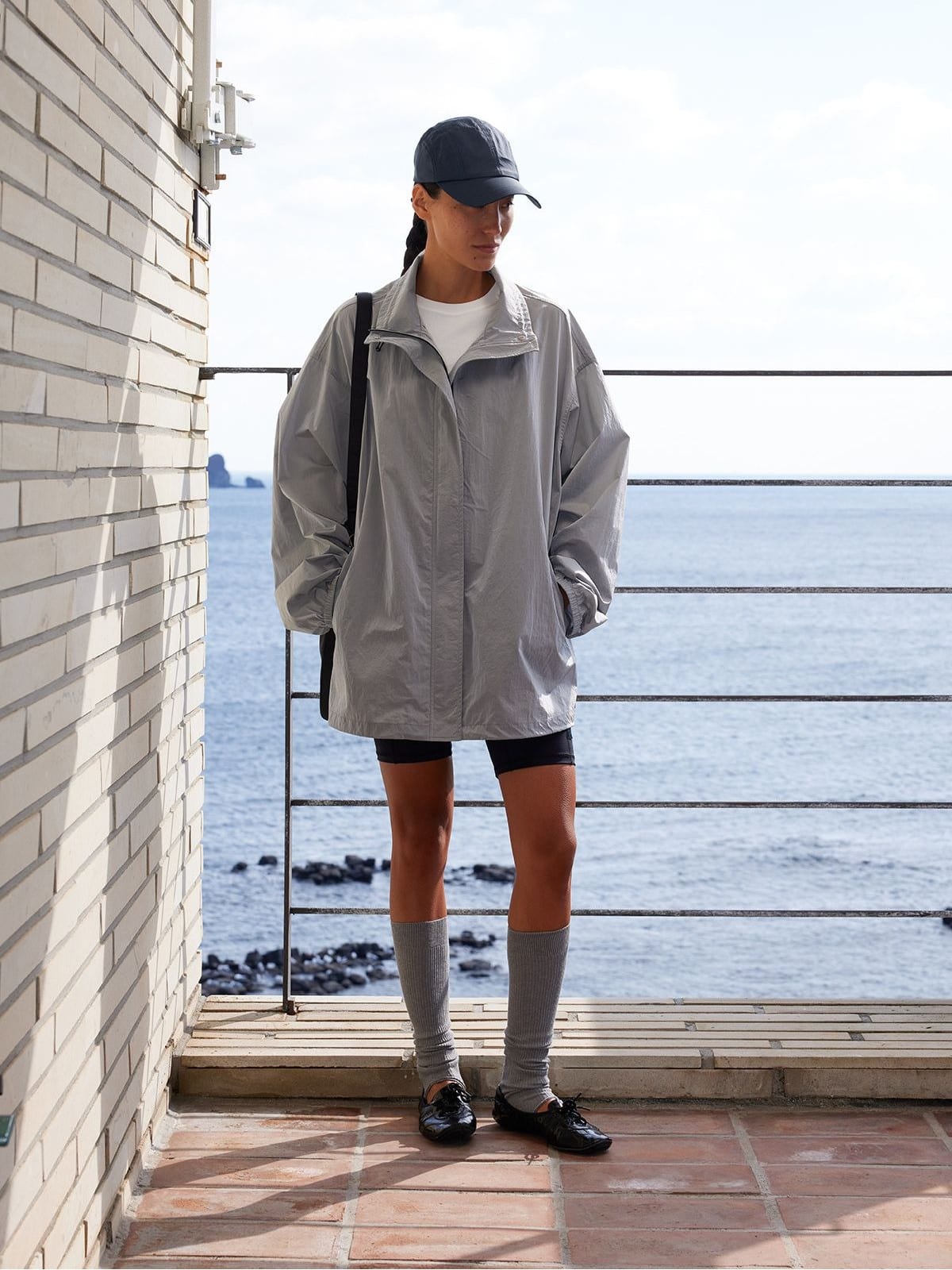 Random Piece Stand Collar Polyamide Windbreaker in Gray - On Female Model