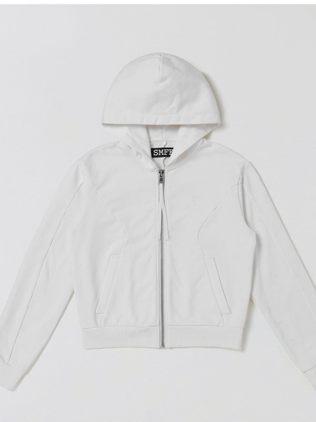 SMFK Embroidered Cropped Zip Up Hoodie in White