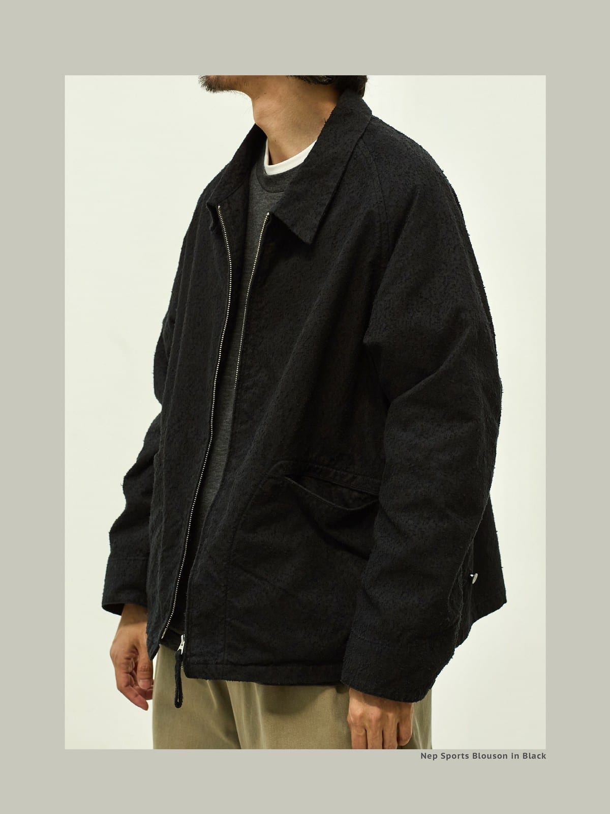USAGE Textured Nep Blouson Jacket in Black - On Male Model