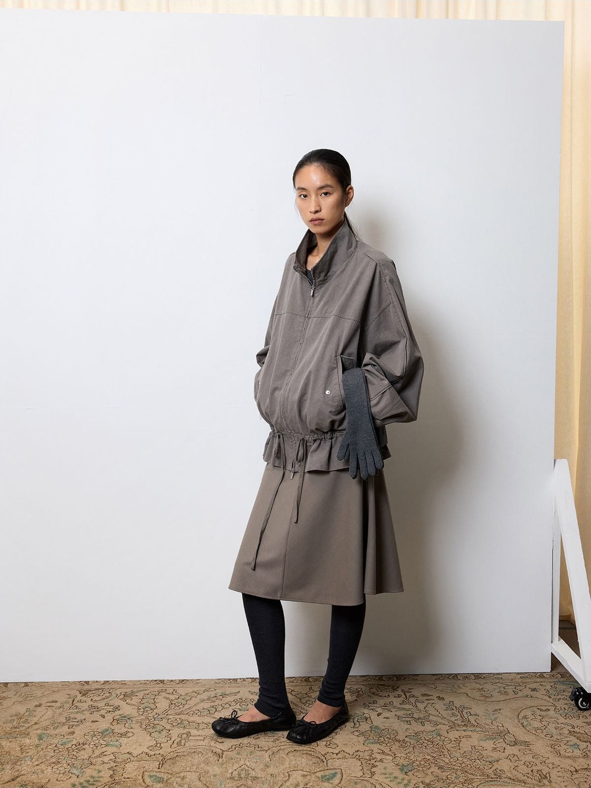 Random Piece Washed Cotton Drawstring Jacket in Beige - On Female Model