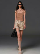 SMFK Cotton Blend Cargo Shorts in Beige - On Female Model