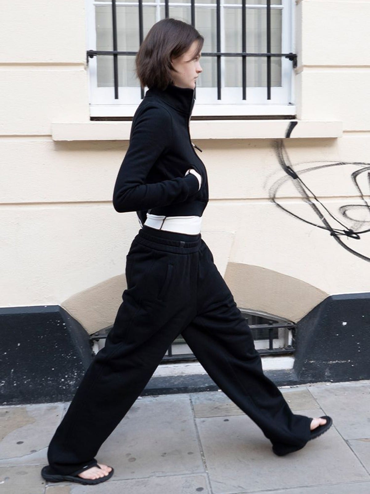 RARELY ALIKE Stand Collar Cotton Zip Up Jacket in Black - On Female Model