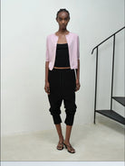 RARELY ALIKE Pure Wool Half Sleeve Cardigan in Pink - On Female Model