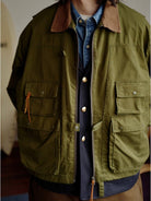 USAGE Corduroy Collar Cotton Fishing Jacket in Olive - On Model