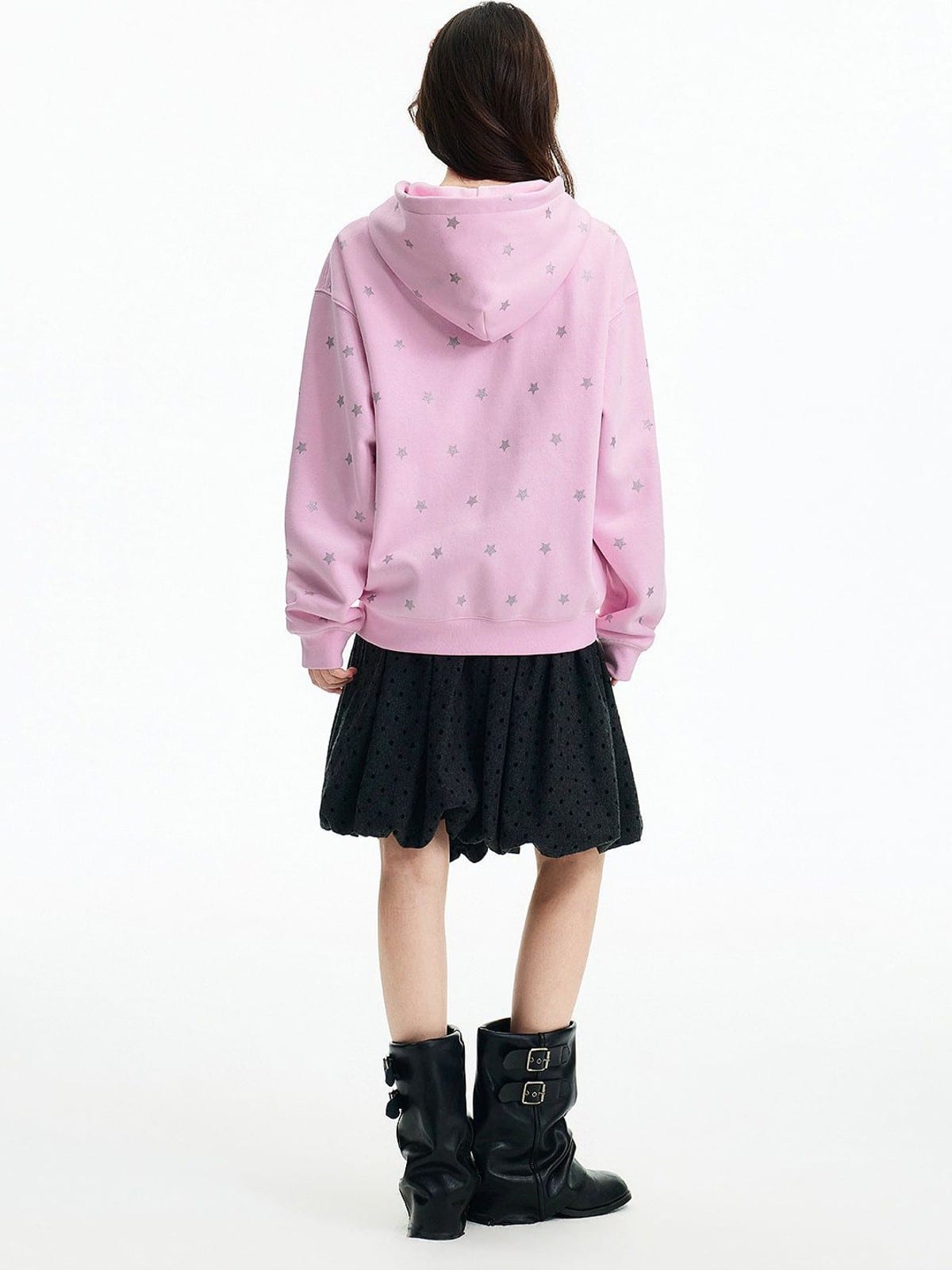 MEDM Fleece Lined Star Print Zip Hoodie in Pink - On Model