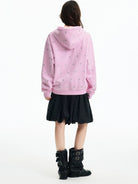 MEDM Fleece Lined Star Print Zip Hoodie in Pink - On Model