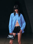 SMFK Cross Badge Cotton Cargo Shirt in Sky Blue - On Female Model