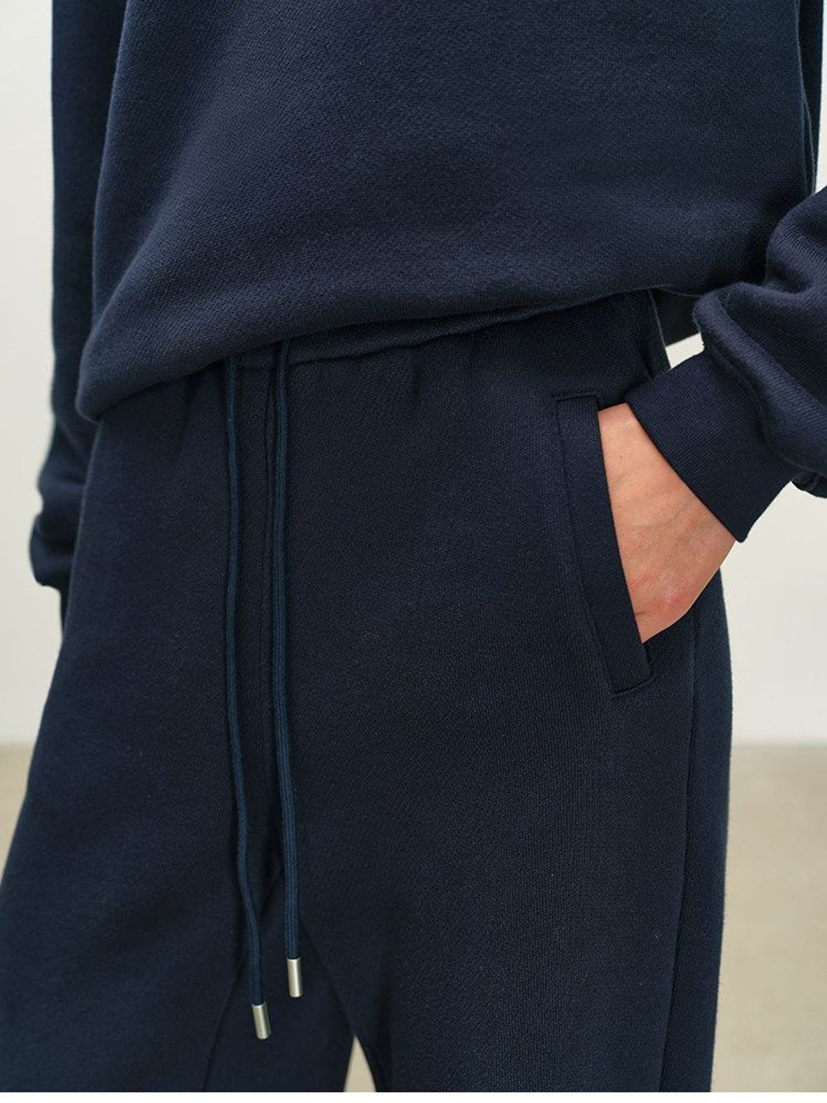 MSBEAST Fleece Lined Cotton Sweatshirt Pants Set in Navy Blue - On Model