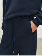 MSBEAST Fleece Lined Cotton Sweatshirt Pants Set in Navy Blue - On Model