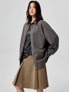 SIMPLE PROJECT Lyocell Cotton Pocket Work Shirt in Gray - On Female Model