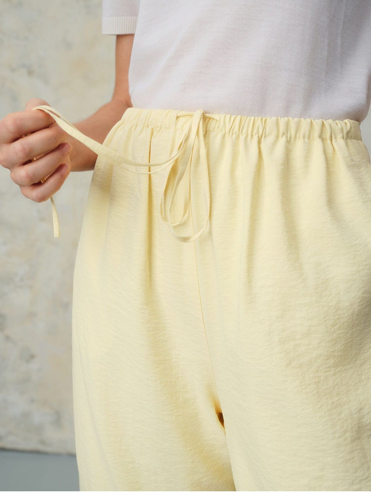TEASEL Crinkled Silk Blend Shirt Pants Set in Yellow - On Female Model