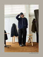 USAGE Heavyweight Waffle Knit Zip Cardigan in Navy Blue - On Male Model