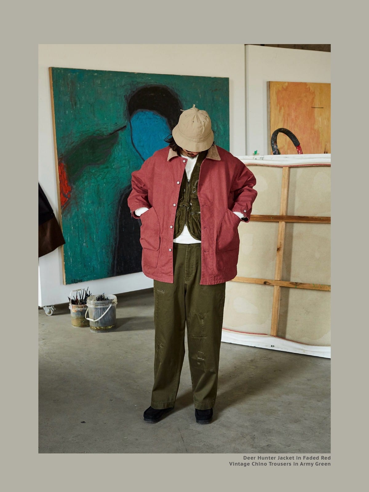 USAGE Heavyweight Canvas Hunting Jacket in Burgundy - On Male Model