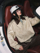 MEDM Embroidered Harrington Jacket in Beige - On Female Model