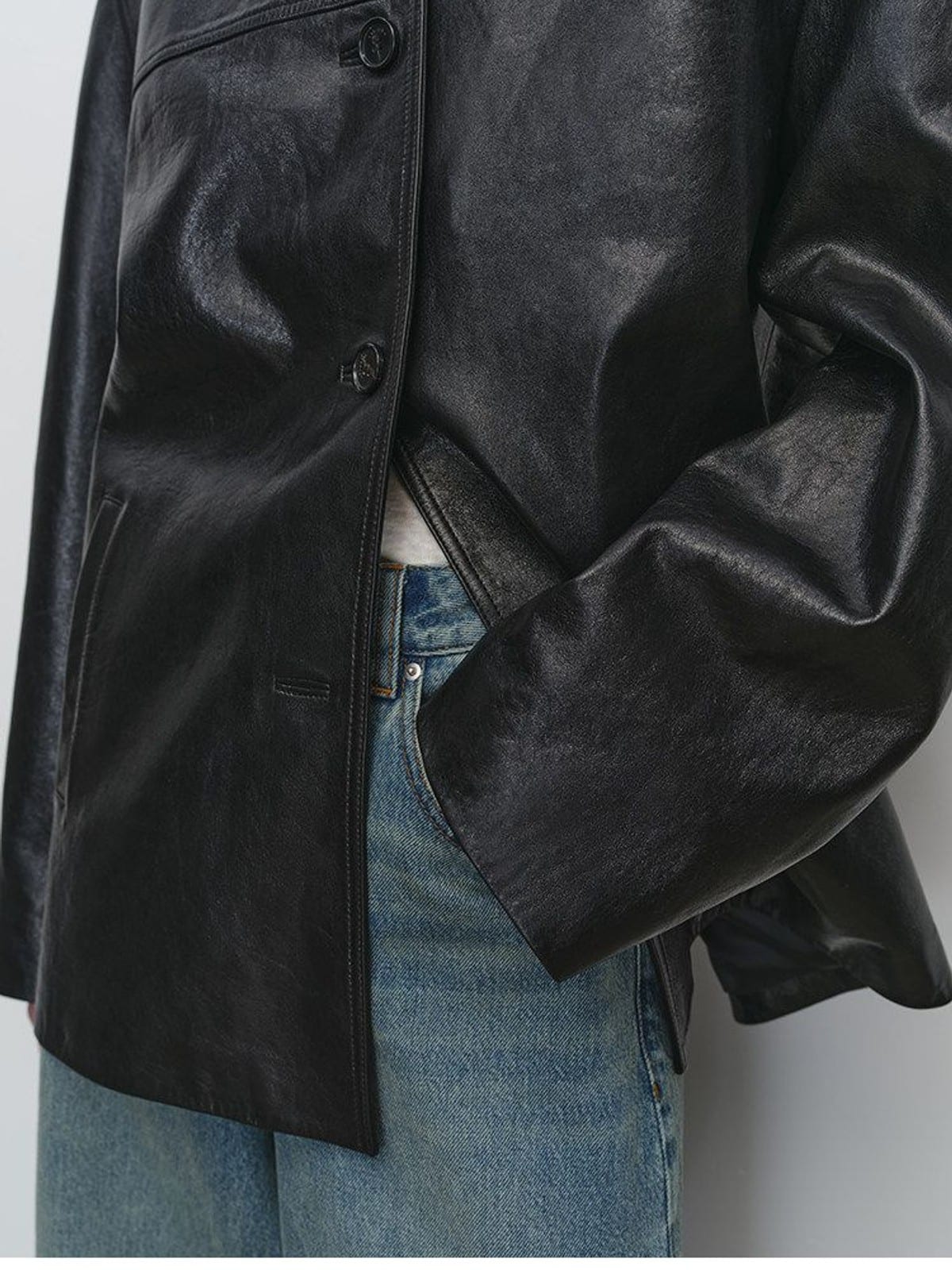MSBEAST Oversized Lapel Sheepskin Jacket in Black - On Model