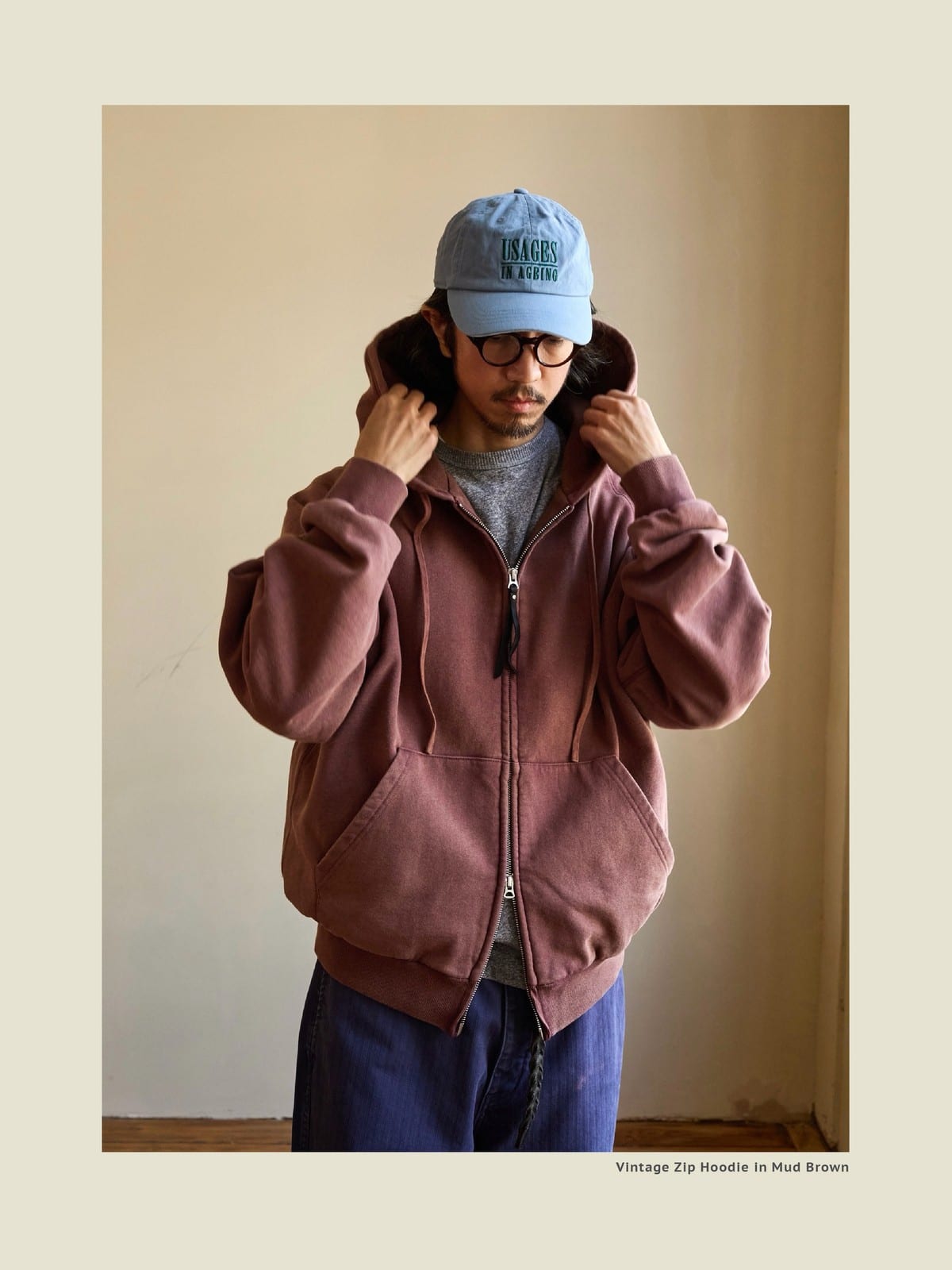 USAGE Vintage Washed Double Layer Zip Hoodie in Burgundy - On Male Model