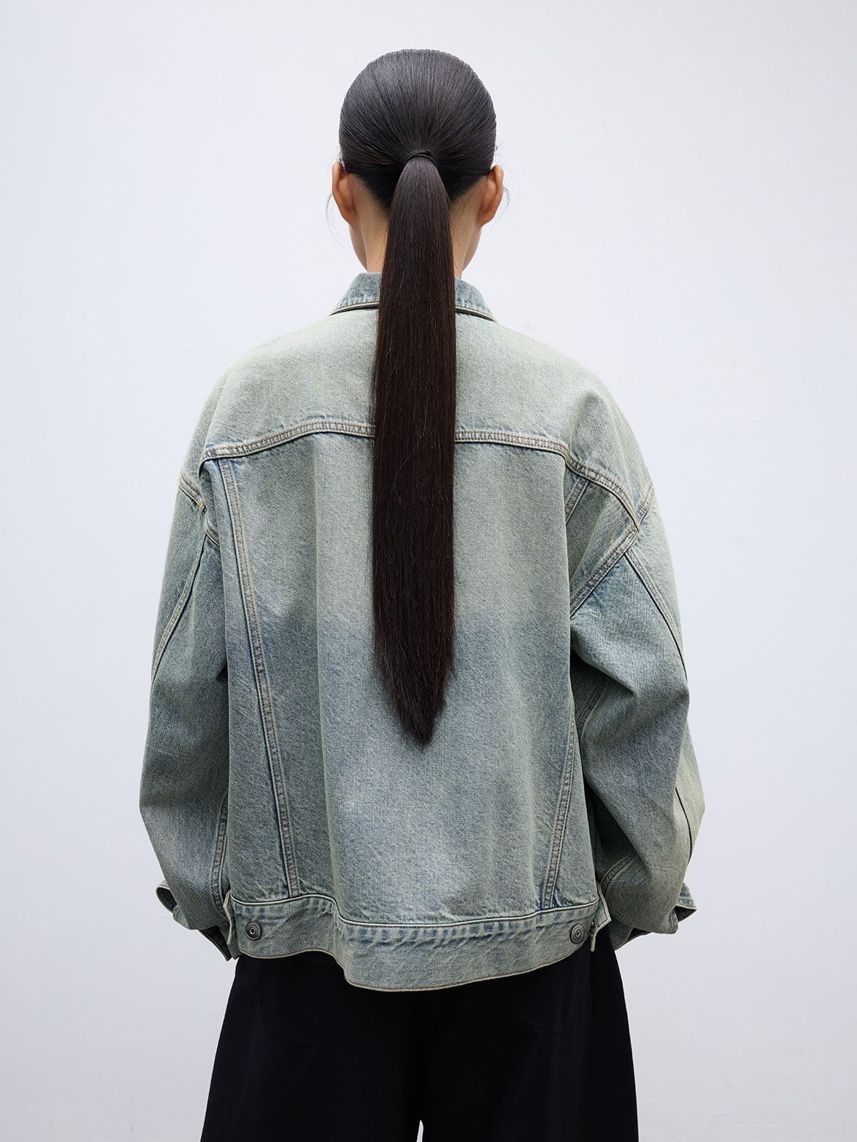 Random Piece Washed Cotton Cropped Denim Jacket in Sky Blue - On Model