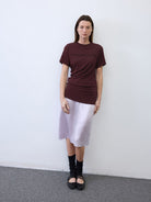 Random Piece Lyocell Blend Letter Print T Shirt in Burgundy - On Female Model