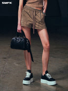 SMFK Lightweight Drawstring Track Shorts in Brown - On Female Model
