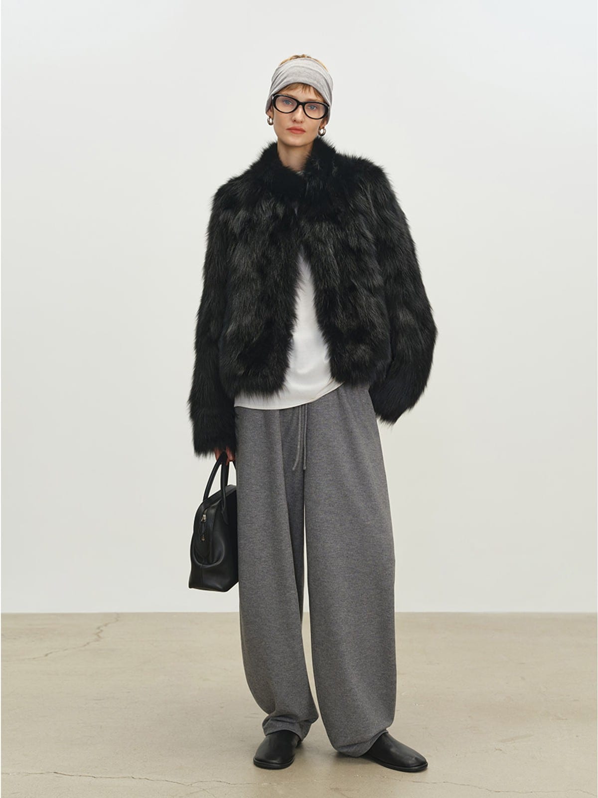 MSBEAST Stand Collar Fox Fur Jacket in Black - On Female Model