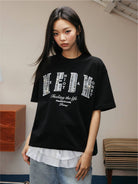 MEDM Pearl Embellished Letter Cotton T Shirt in Black - On Female Model