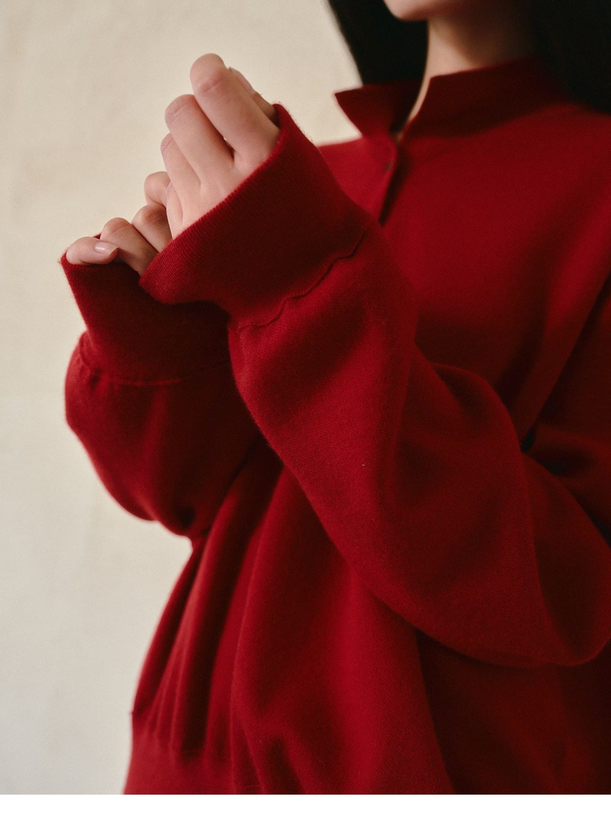 TEASEL Worsted Wool Henley Sweatshirt in Red - On Female Model