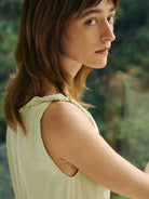 TEASEL Crinkled Silk Blend Short Sleeve Top in Yellow - On Female Model