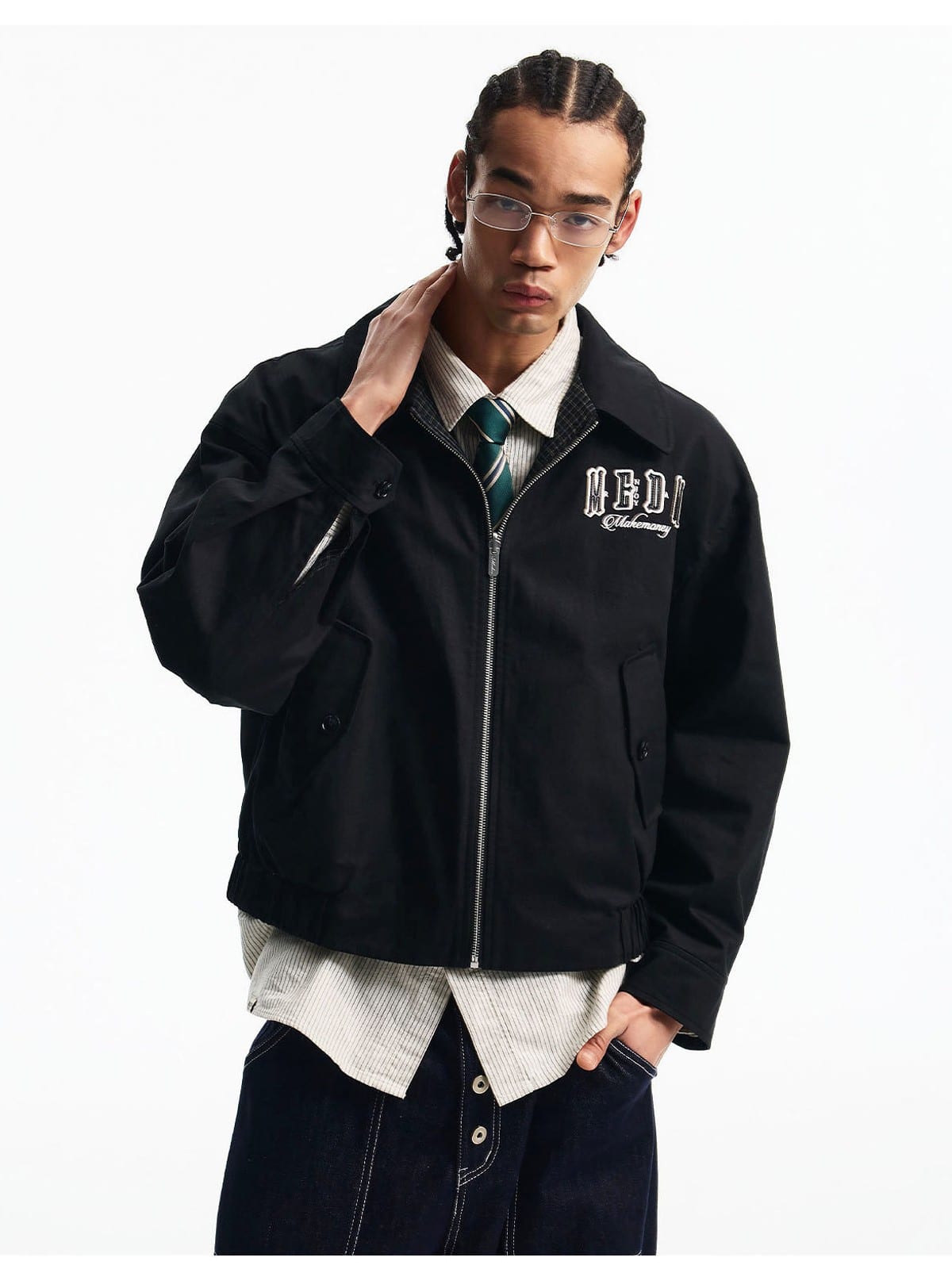 MEDM Reversible Cotton Zip Up Barn Jacket in Black - On Male Model