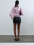RARELY ALIKE Graphic Cropped Zip Up Hoodie in Pink - On Model