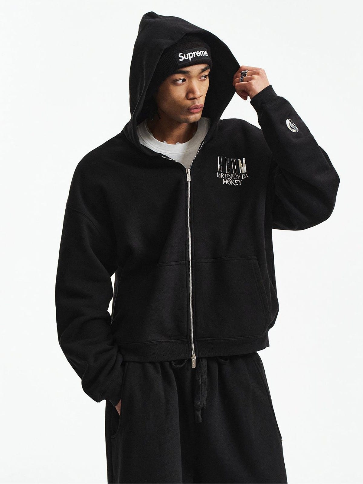 MEDM 3D Logo Two Way Zip Cotton Hoodie in Black - On Male Model