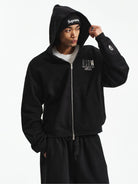 MEDM 3D Logo Two Way Zip Cotton Hoodie in Black - On Male Model