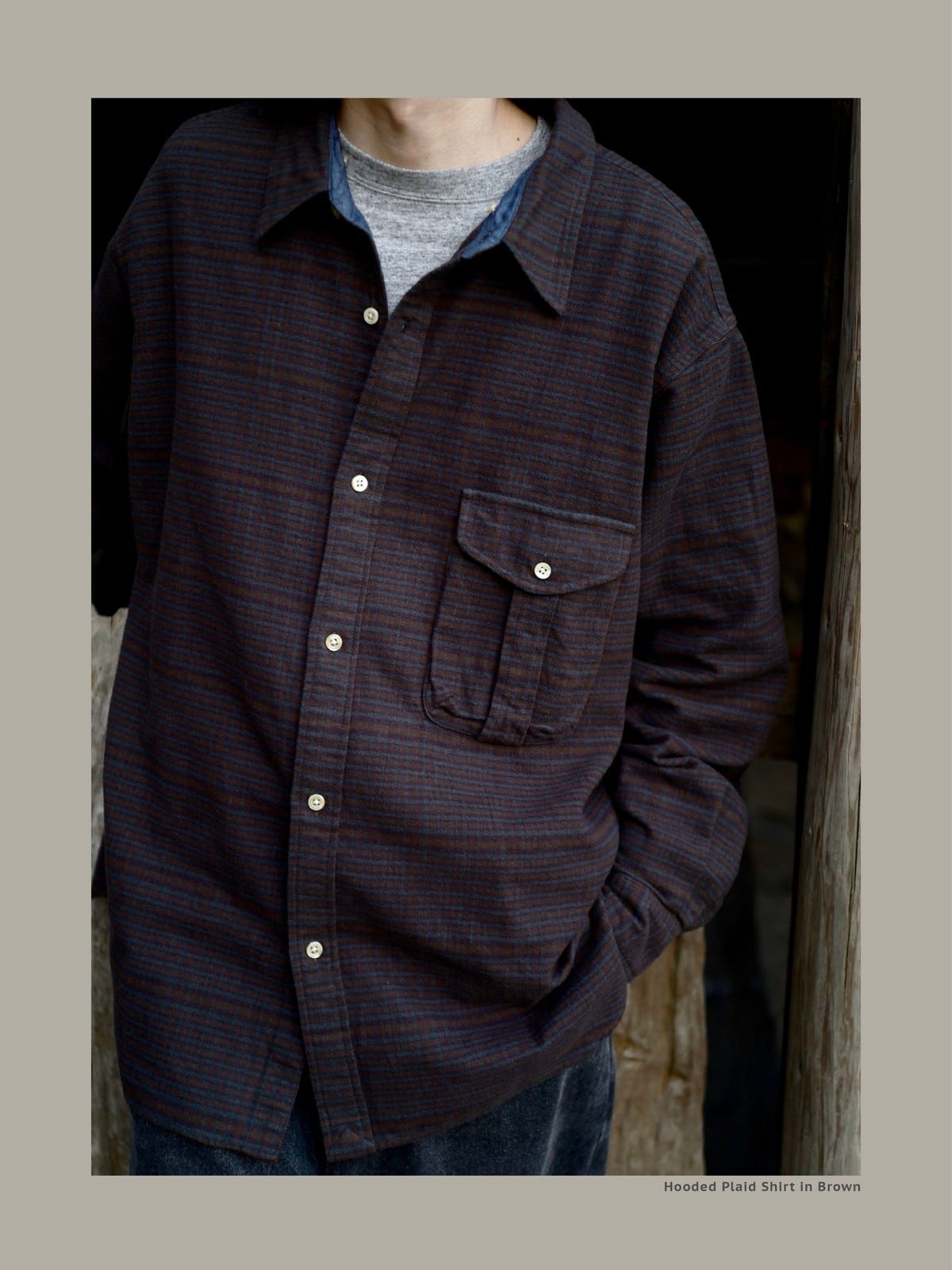 USAGE Detachable Hood Cotton Plaid Shirt in Brown - On Male Model